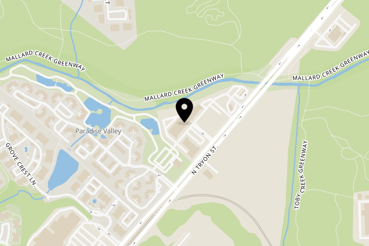Map showing the location of US Fried Chicken University on 9605 N Tryon St in Charlotte